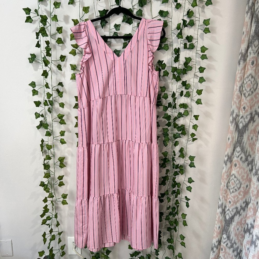 LOFT Flutter Sleeve Pink Striped Dress